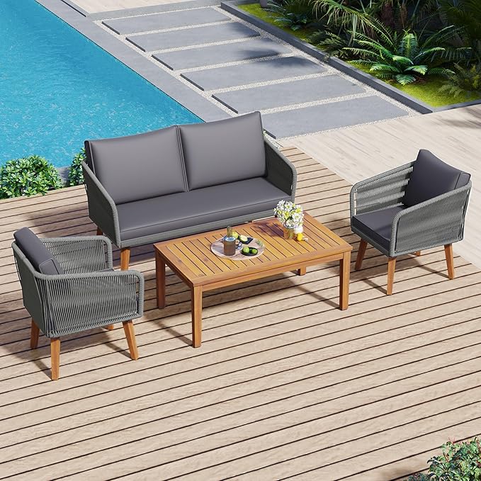 4-Piece, Outdoor Furniture with Loveseat, 2 Chairs and Table, Patio Conversation Set Deep Seating with Thick Backyard Porch Balcony, Zh-Dark Grey Cushion + Grey Rope - LeafyLoom