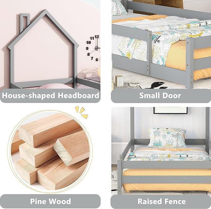 Bellemave Twin Size House-Shaped Headboard Floor Bed with Fences, Wooden Montessori Bed for Kids,House Bed Twin Frame for Girls,Boys (Gray) - LeafyLoom