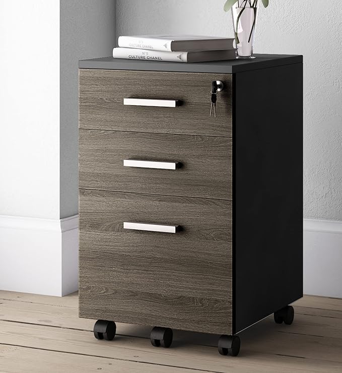 Lazio File Cabinet with Lock - Filing Cabinet for Home and Office - 3 Drawer Small Rolling File Cabinet -Wood Printer Stand with Storage for A4 Size/Legal Documents, File Folders (SLATE GRAY/Black) - LeafyLoom