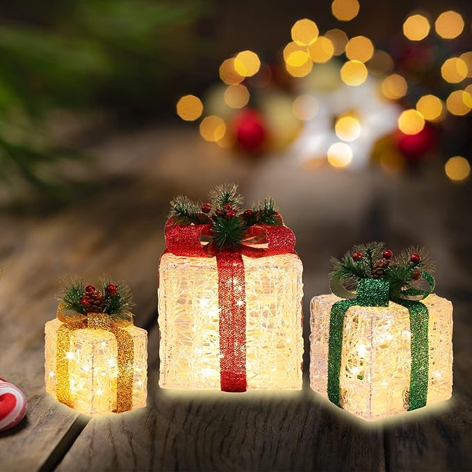 [Large 10"x8.5"x6.5" Christmas Set of 3 Lighted Clear Acrylic Gift Boxes Decorations Pre-lit 70 Super-Bright LED with Flashers,for Indoor Outdoor Pathway Holiday Party Home(Warm White) GLOWNOVA