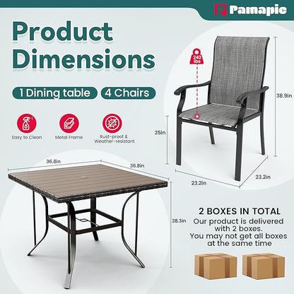 Pamapic 5 Pieces Patio Dining Set, Outdoor Table and Chairs for Garden Backyard Poolside Deck,Outdoor Furniture Set with Square Plastic-Wood Table Top,4 Textilene Chairs,Gray - LeafyLoom