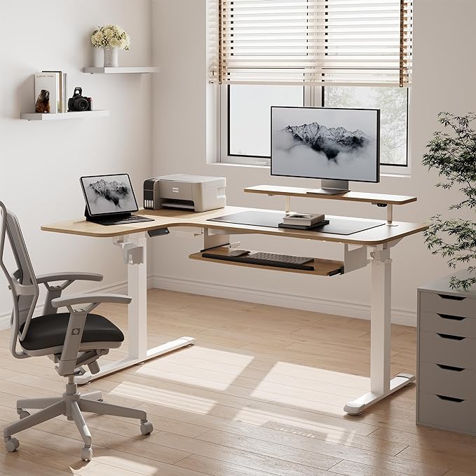 EUREKA ERGONOMIC Standing Desk Adjustable Height 61" Electric Sit Stand Computer Desk L Shaped with Keyboard Tray,Monitor Stand &LED, Dual Motor Memory Presets Sit to Desk Adjustable Desk, Left/Maple - LeafyLoom