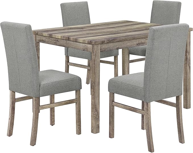 Modern 5 Pcs Set, Including Solid Wood Rectangle Table, 4 Upholstered Dining Chairs and Bench, for Kitchen, Living Room, Small Apartment, Antique Yellow+Gray - LeafyLoom