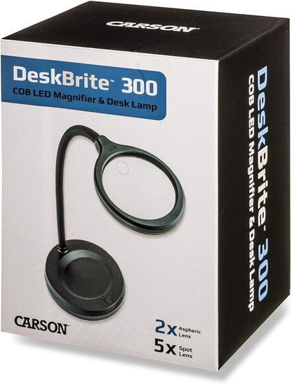 Carson DeskBrite300 COB LED Lighted 2x Aspheric Magnifier & Desk Lamp with 5x Spot Lens with Included USB-C Power Adapter, Black (LM-30) - LeafyLoom