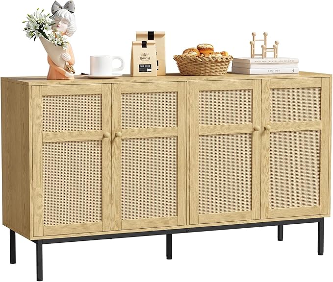 Lifewit Rattan Sideboard Buffet Cabinet, Console Table, Credenza, Storage Cabinet, Coffee Bar Cabinet for Kitchen, Dining Room, Living Room, Entryway, 4 Doors, Natural - LeafyLoom