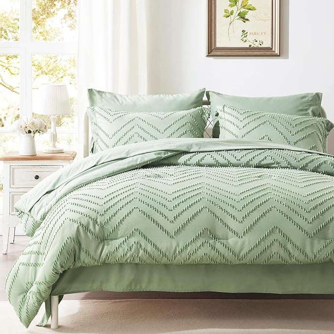 Anluoer Queen Comforter Set, Sage Green Tufted Bed in a Bag 7 Pieces with comforters and sheets, All Season Bedding Sets with 1 Comforter, 2 PillowShams, 2 Pillowcases, 1 Flat Sheet, 1 Fitted Sheet - LeafyLoom