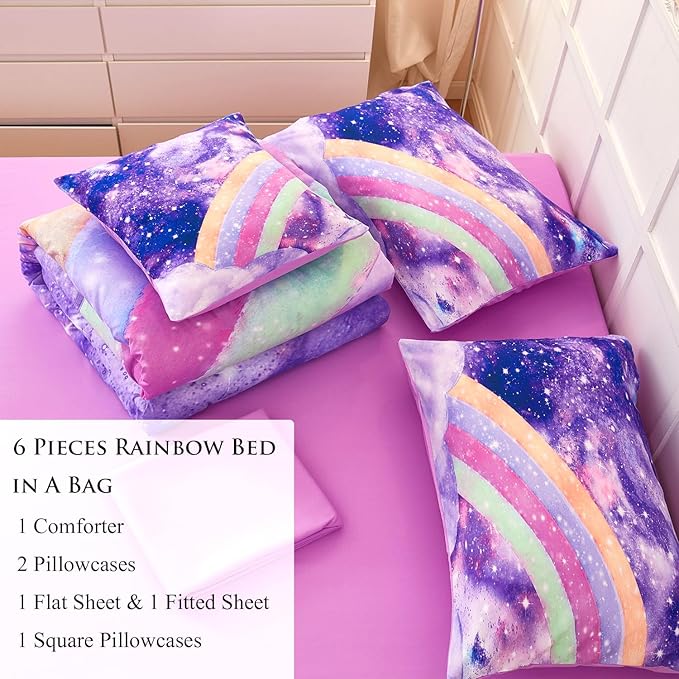 6Pcs Purple Rainbow Twin Size Bedding Set for Girls Gradient Glitter Kids Comforter Sets Tie Dye Girls Bed Set Sparkle Galaxy Bed in A Bag with Sheets - LeafyLoom