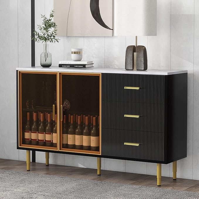 Modern Sideboard MDF with Marble Sticker Tabletop and Amber-Yellow Tempered Glass Doors,Freestanding Buffet Storage Cabinet,W/Gold Metal Legs & Handles,for Dining Room,Kitchen,Black, 60" - LeafyLoom