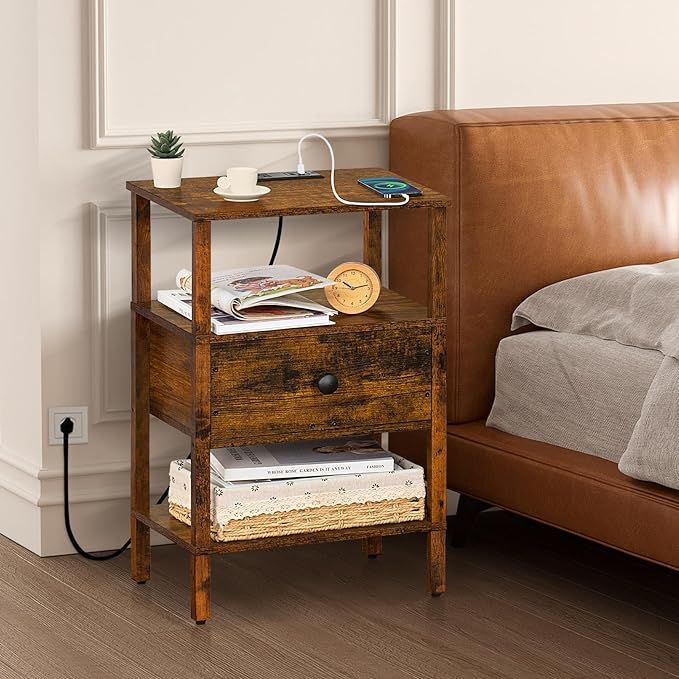 Lerliuo Nightstand Set of 2 with Charging Station and USB Ports, 3-Tier Storage End Table with Drawer Shelf, Night Stand for Small Spaces, Wood Bedside Table for Living Room, Bedroom-Brown - LeafyLoom