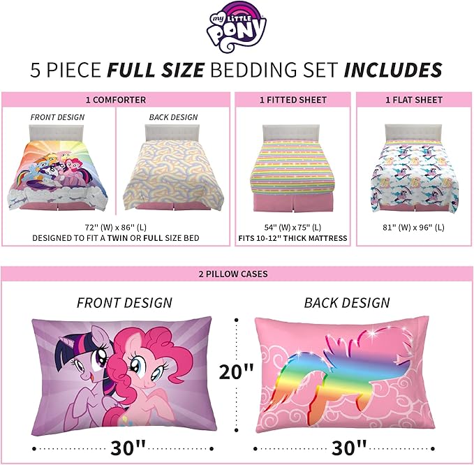 Franco Kids Bedding Super Soft Microfiber Comforter and Sheet Set, 5 Piece Full Size, My Little Pony - LeafyLoom