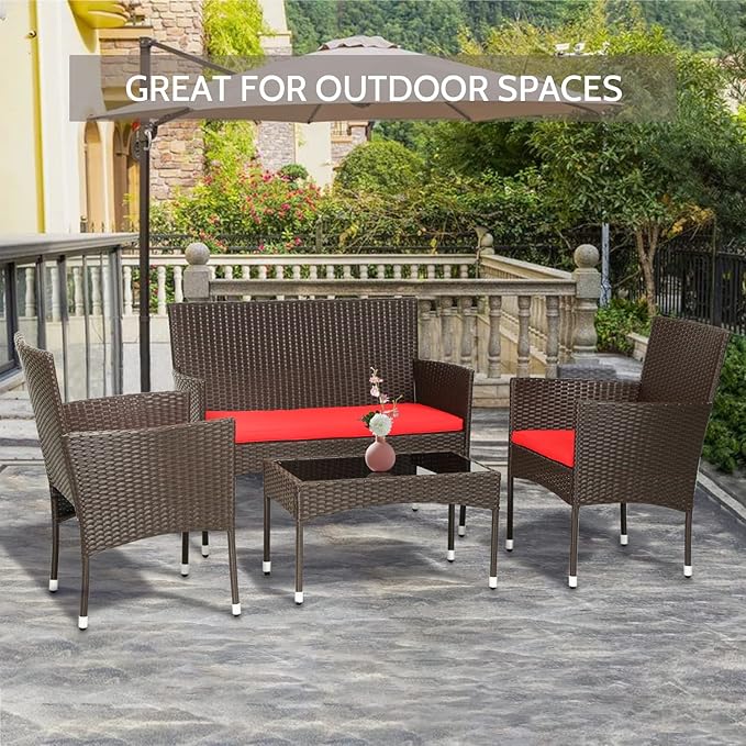 FDW 4 Pieces Wicker Patio Conversation Set Patio Furniture Set with Rattan Chair Loveseats Coffee Table for Outdoor Indoor Garden Backyard Porch Poolside Balcony,Brown Wicker/Red Cushions - LeafyLoom