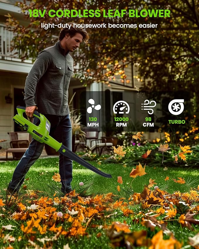 HARDELL 18V Cordless Leaf Blower, Battery Powered Leaf Blower for Lawn Care, Electric Mini Leaf Blower, 130MPH/98CFM, Bright Green (Battery & Charger Included) - LeafyLoom