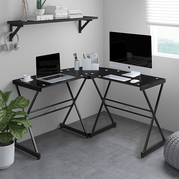 Techni Mobili RTA-3805L-BK L-Shaped Glass Computer Desk, Black, 51" D x 51" W x 29" H - LeafyLoom