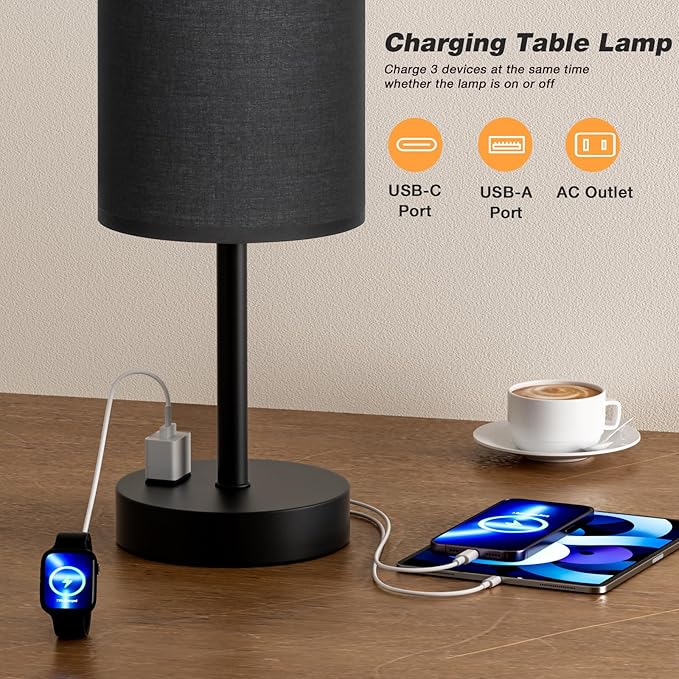 Touch Nightstand Lamp - Black, 3-Way Dimmable, USB A + C Charging, AC Outlet, 17.4inch Medium - LeafyLoom