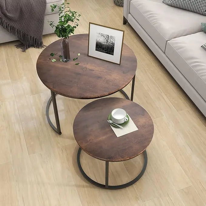 Industrial Round Coffee Table Set of 2 End Table for Living Room,Stacking Side Tables, Sturdy and Easy Assembly,Wood Look Accent Furniture with Metal Frame,Black+Rustic Brown - LeafyLoom