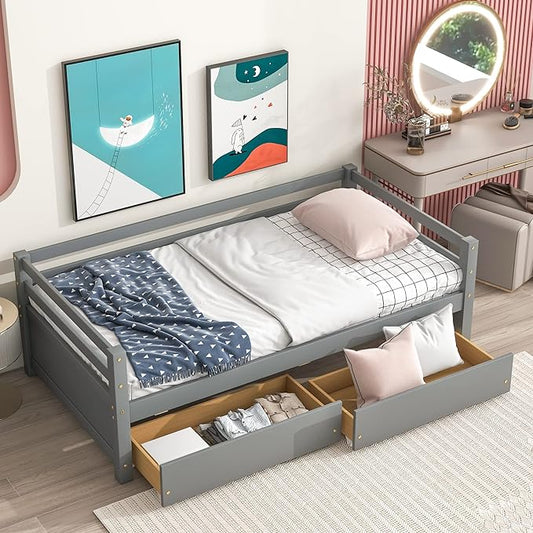 Twin Daybed with 2 Storage Drawers,Pinewood Twin Size Daybed Frame with Guardrail,for Boys/Girls/Teens Bedroom, Easy to Assemble, No Box Spring Needed,Grey - LeafyLoom