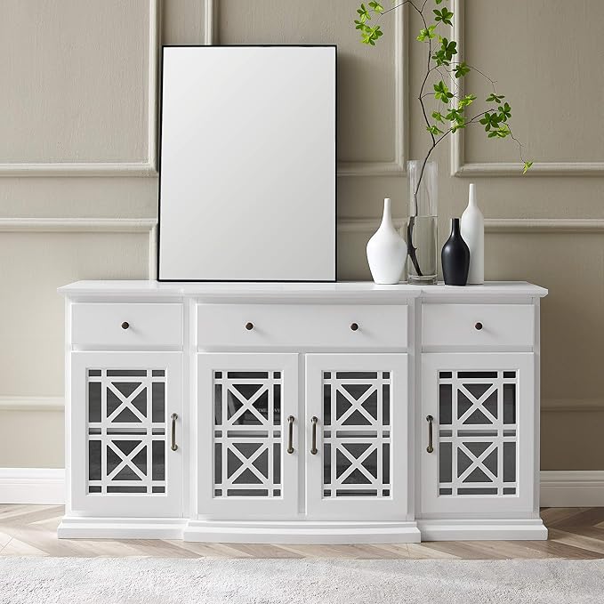 Walker Edison Ronne 4 Door-Sideboard with Fretwork Detail, 60 Inch, White - LeafyLoom