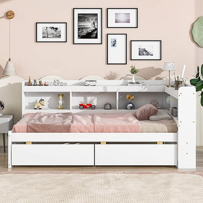 Twin Size Platform 2 Storage Drawers and L-Shaped Bookcases, Wooden Captain Bed Daybed Frame with Headboard for Bedroom, Living Room, White - LeafyLoom