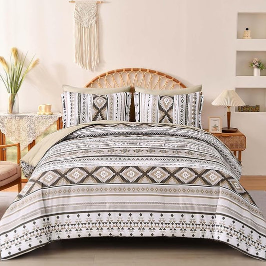 Dinjoy Khaki Aztec Comforter Set Queen Size,7 Pieces Bed in a Bag Queen Beige Boho Bedding Sets with Sheets Bohemian Geometric Striped Complete Set for All Seasons 90"x90" - LeafyLoom