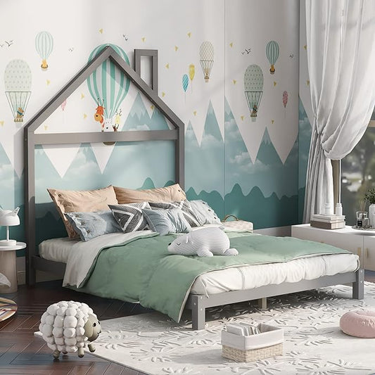 Jintop Full Size Wood Platform House-Shaped Headboard and Chimney,Bedroom Furniture Bed Frame W/ 10 Slat Support,Easy to Install,for Teens Kids Girls Boys,Gray - LeafyLoom