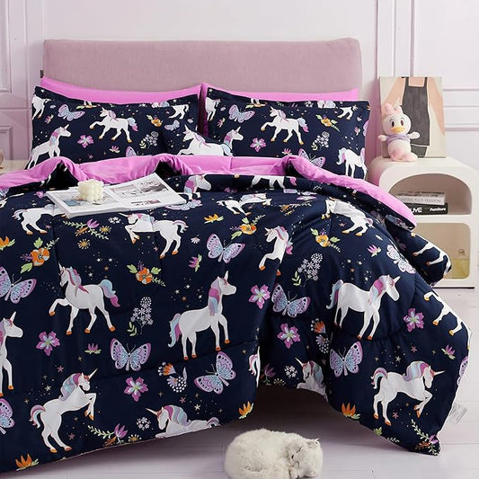 Mooreeke Kids Comforter Bed Set Full Size for s Girls, 8 Pieces Bed in a Bag with Shams, Sheet Set, Purple Pink Unicorn Full Soft Microfiber Kids Comforter Bedding Set - LeafyLoom