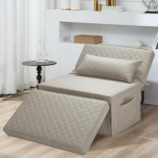 Sofa Bed, 4 in 1 Multi-Function Folding Ottoman Breathable Linen Couch Bed with Adjustable Backrest Modern Convertible Chair for Living Room Apartment Office,Squared-Linen Khaki - LeafyLoom