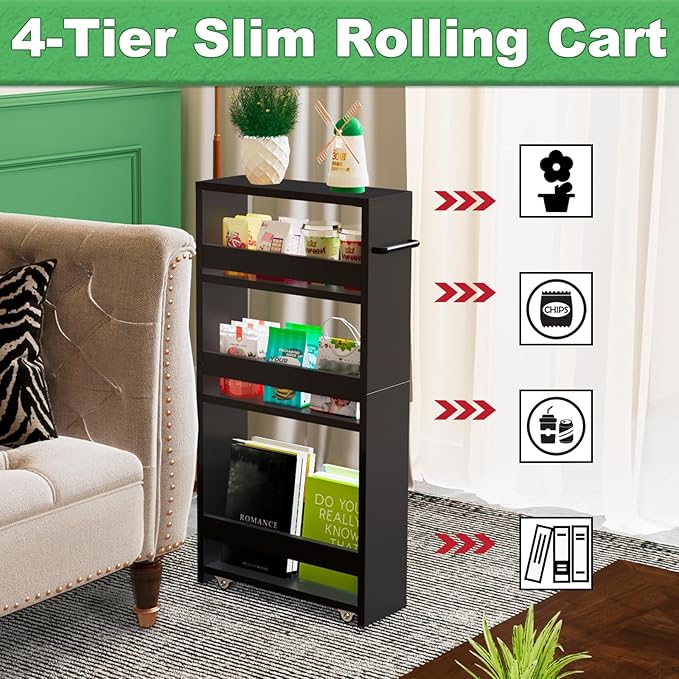 MARTY Slim Rolling Storage Cart 4-Tier Kitchen Cart on Wheels, Laundry Room Storage with Handle Slide Out Utility Cart Shelving Unit Organizer Trolley for Narrow Places Bathroom Small Corner, Black - LeafyLoom