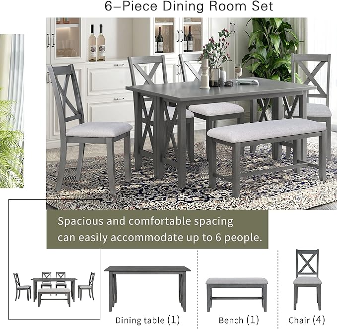 6-Piece Family Dining Set Solid Wood Space Saving Foldable Table and 4 Chairs with Bench, Easy to Assemble, for Living, Guest Room, Home Bar and Kitchen, White+Gray - LeafyLoom