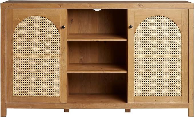 Walker Edison Boho Arched Rattan 2-Door Sideboard, 58 Inch, English Oak - LeafyLoom