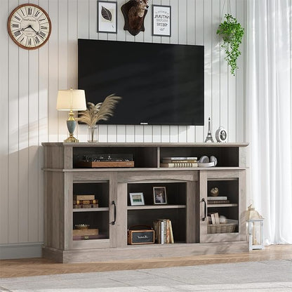 58 Inch TV Stand, Television Stands with 2 Tempered Glass Doors, Storage Cabinet and Shelves, Entertainment Center for Living Room, Barnwood - LeafyLoom