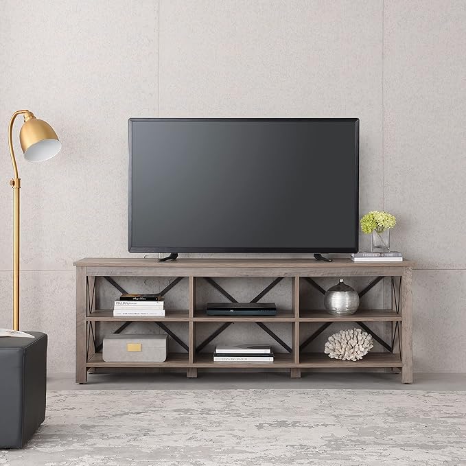 Henn&Hart Rectangular TV Stand for TV's up to 80" in Gray Oak, Electric Fireplace TV Stands for the Living Room - LeafyLoom