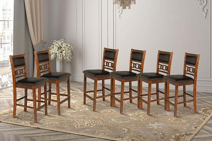 New Classic Furniture Gia Counter Dining Chair (Set of Six), Black PU Upholstered Seat & Back Rest, Brown - LeafyLoom