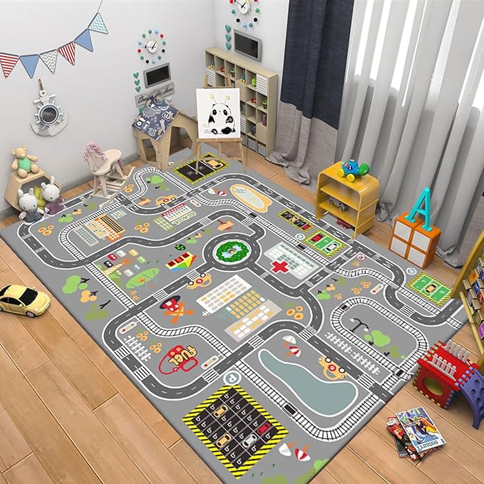 Kids Rug Play Mat Great for Playing with Cars and Toys,Educational Kid Road and Traffic City Life Carpet,Children Baby Fun Throw Rug for Bedroom Play Room,71X106Inch/180X280CM - LeafyLoom