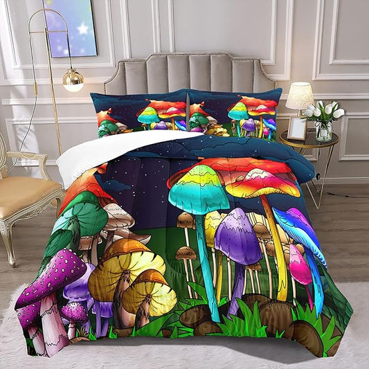 Girls Mushroom Comforter Set Queen Mushroom Bedding for Girls Mushroom Print Queen Size Bedding Set Cartoon Mushroom Pattern Kids Bedding Set, Colorful, 1 Comforter+2 Pillowcases - LeafyLoom