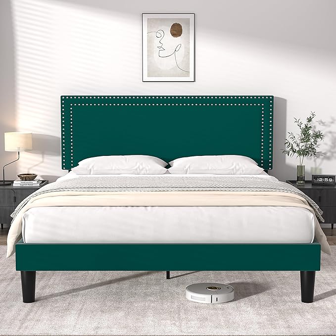 VECELO Full Size Platform Bed Frame with Height Adjustable Upholstered Headboard, Modern Mattress Foundation,Strong Wood Slat Support, No Box Spring Needed, Easy Assembly - LeafyLoom