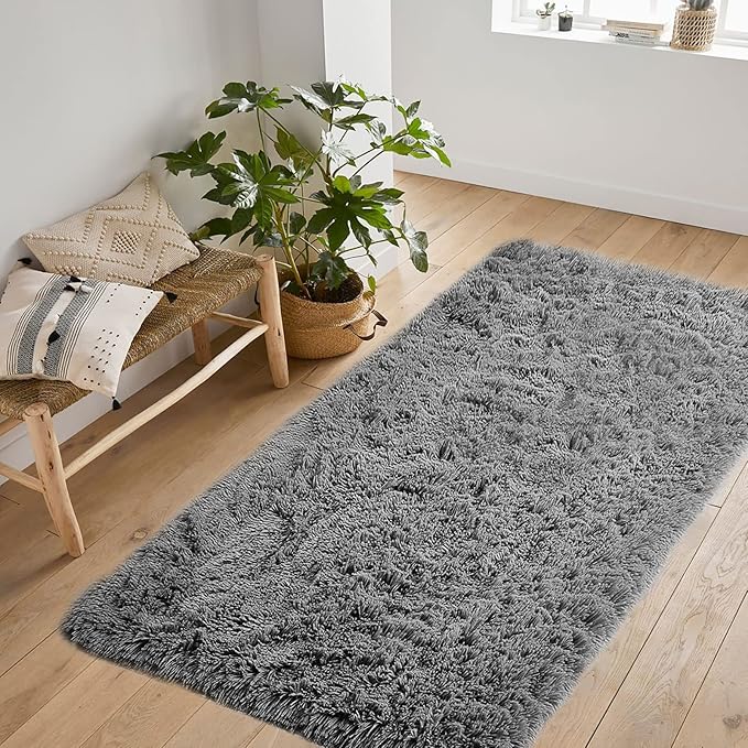 YOBATH Fluffy Soft Shaggy Area Rugs 3x5 Feet, Indoor Modern Fuzzy Plush Carpet Rugs for Living Room Bedroom Kids Room Nursery Home Decor, Anti-Slip Rectangle Bedside Shag Rugs, Grey - LeafyLoom