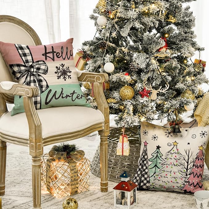 AVOIN colorlife Merry Christmas Joy Xmas Trees Colorful Throw Pillow Covers, 18 x 18 Inch Christmas Winter Holiday Cushion Case Decoration for Sofa Couch Set of 4 AVOINcolorlife