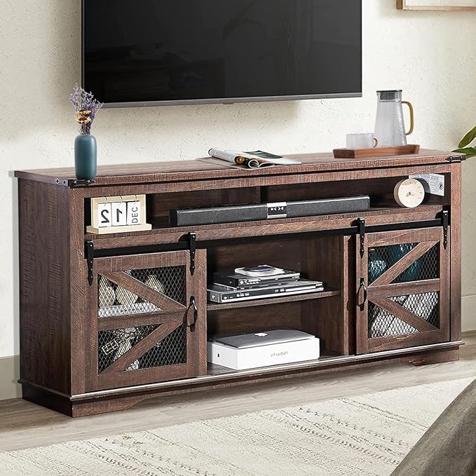 Zanzio 66" Farmhouse TV Stand for up to 75 inch TVs, Rustic Entertainment Center Media Console Table with Sliding Barn Doors Living Room Bedroom Wooden TV Cabinet (Distressed Brown) - LeafyLoom