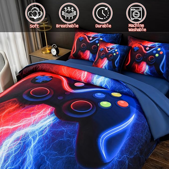 DORCAS Gamer Comforter Sets with Sheets for Boys,Twin Size Gamer Bedding Sets Boys,6 Pieces Lightning Gaming Comforter Set for Boys Kids Teens (Red&Blue, Twin) - LeafyLoom