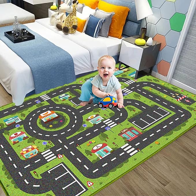 Car Rug Play Mat, Road Rug Carpet for Kids, City Life Educational Road Traffic Carpet for Ages 3-12 Years Old(120×180cm/47×71inch) - LeafyLoom