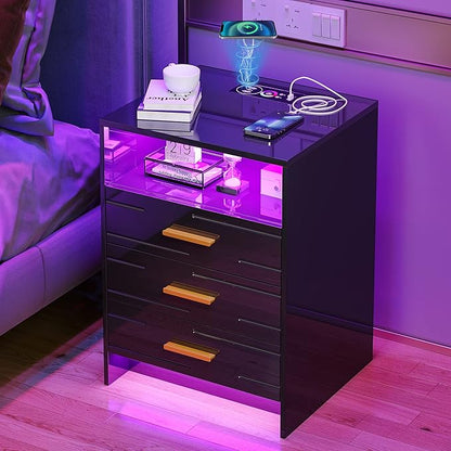 HNEBC Black Nightstand with Wireless Charging Station and Lights, 3 Drawers, Modern Bedside Table with Human Sensor for Bedroom - LeafyLoom