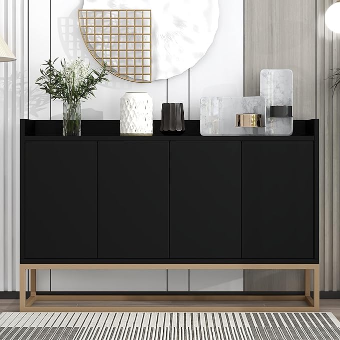 Sideboard Buffet Cabinet with Large Storage Space,Modern Particle Board Kitchen Console Table,W/ 4 Doors and Gold Metal Legs,Dining Room,Entryway,Black, 47.2" - LeafyLoom