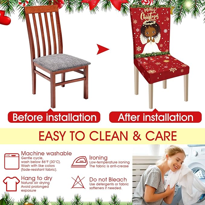 Ganeen 6 Pcs Christmas Chair Covers Merry Christmas Chair Back Cover Stretch Christmas Seat Cover Washable Xmas Dining Chair Protector Slipcover for Dining Room Kitchen Holiday Party (African Style) Ganeen