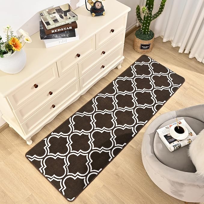 Chicrug Shag Geometric Modern Runner Rug for Bedroom, 2x6 Feet Memory Foam Indoor Hallway Runner Carpet, Fluffy Rug for Living Room Bedside Room Decor for Family, Brown/White - LeafyLoom