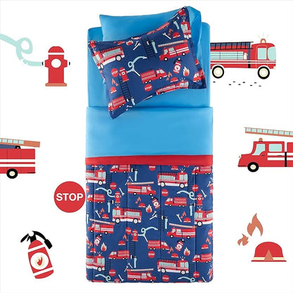 SLEEP ZONE Kids Bedding Comforter Set Full/Queen Size - 7 Pieces Super Cute & Soft Bedding Sets & Collections with Comforter, Sheet, Pillowcase & Sham - Fade Resistant Easy Care (Fire Truck) - LeafyLoom