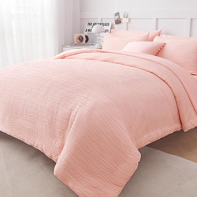 8 Piece Woven Texture Pink Comforter Set Queen, Bed in a Bag Bedding Sets Queen with Comforter and Sheets, Soft Lightweight Comforter Set with Deocor Throw Pillow, Pink - LeafyLoom