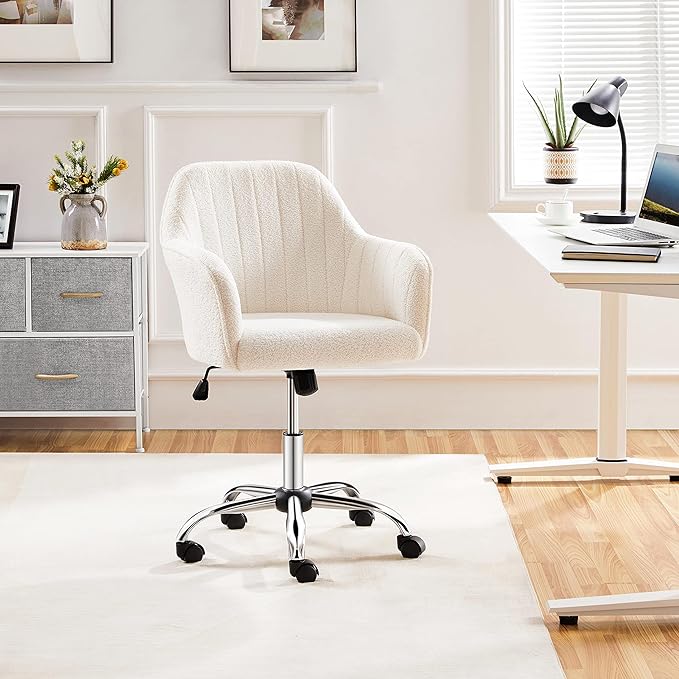 Yaheetech Office Desk Chair Height Adjustable Task Chairs Modern Office Chair Makeup Chair 360° Swivel Computer Chair Mid Back Chair Living Room Chairs with Arms&Stainless Base Accent Ivory - LeafyLoom