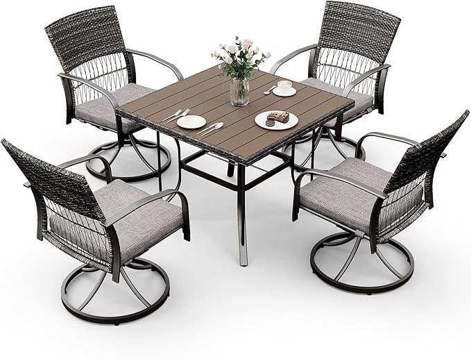 Pamapic 5 Piece Patio Dining Set for 4,Outdoor Wicker Furniture Set for Backyard Garden Deck Poolside with 4 Cushions Swivel Rocker Chairs,Square Plastic-Wood Table Top, Removable Cushions(Gray) - LeafyLoom