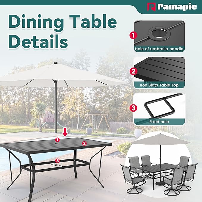 Pamapic 7 Pieces Patio Dining Set, Outdoor Dining Set All-Weather for Backyard Poolside Garden Deck, Modern Outdoor Table and Chairs Set with 6 Textilene Swivel Chairs,Gray - LeafyLoom