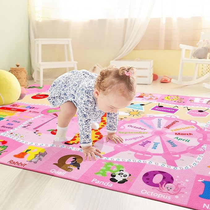 Pink Playroom Rug 4x6,Rugs for Girls Kids Bedroom Nursery Rug,ABC Rug with Alphabets Animals Shapes,Educational and Fun Child Playmat Baby Care Rug,Learning Rug Carpets for Children Toddler - LeafyLoom